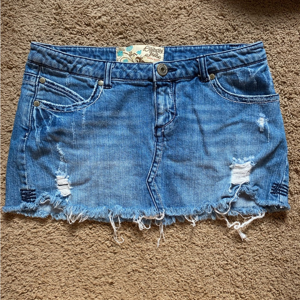 Celebrity Pink Frayed Blue Jean Skirt